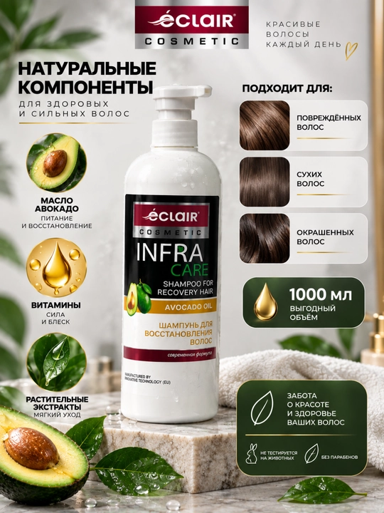 Шампунь Eclair Cosmetic Infra Care с маслом авокадо для восстановления волос, 1000 мл