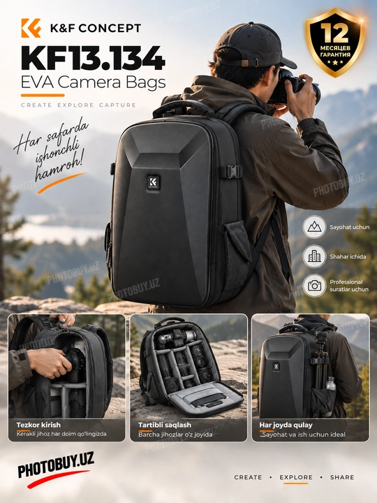 Kamera uchun foto ryukzak 22L, qattiq korpus, 15.6" noutbuk uchun, DSLR/SLR