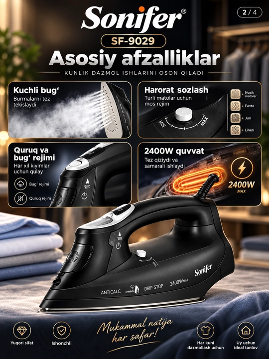 Bug‘li dazmol Sonifer SF-9029, 2400 W, 340 ml, keramika taglik, LCD displey
