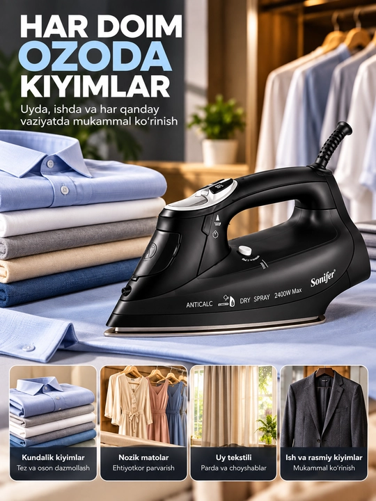 Bug‘li dazmol Sonifer SF-9029, 2400 W, 340 ml, keramika taglik, LCD displey