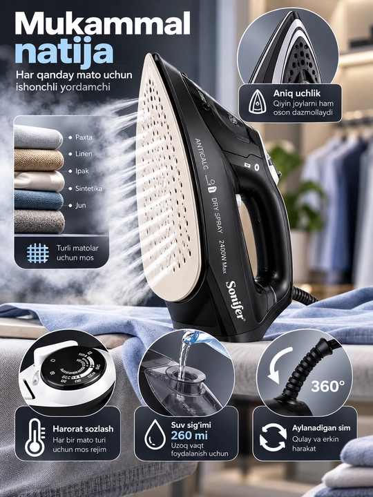 Bug‘li dazmol Sonifer SF-9029, 2400 W, 340 ml, keramika taglik, LCD displey