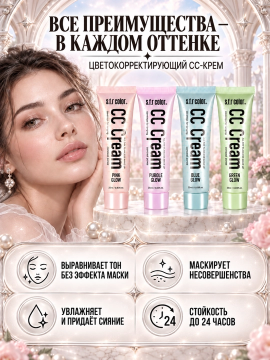 Yuz uchun CC krem SFR Color, rang tuzatuvchi makiyaj bazasi, 25 ml