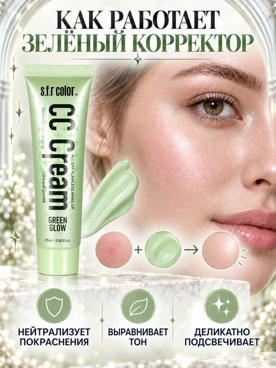 Yuz uchun CC krem SFR Color, rang tuzatuvchi makiyaj bazasi, 25 ml