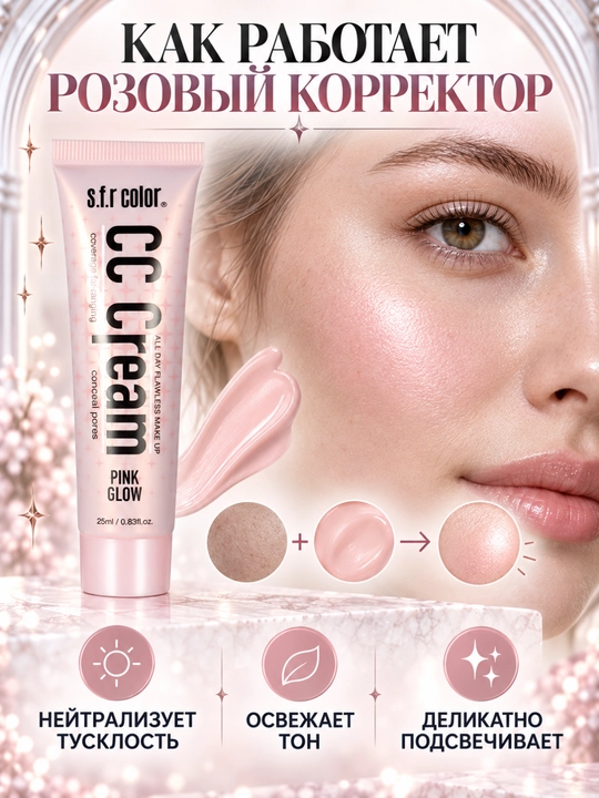 Yuz uchun CC krem SFR Color, rang tuzatuvchi makiyaj bazasi, 25 ml