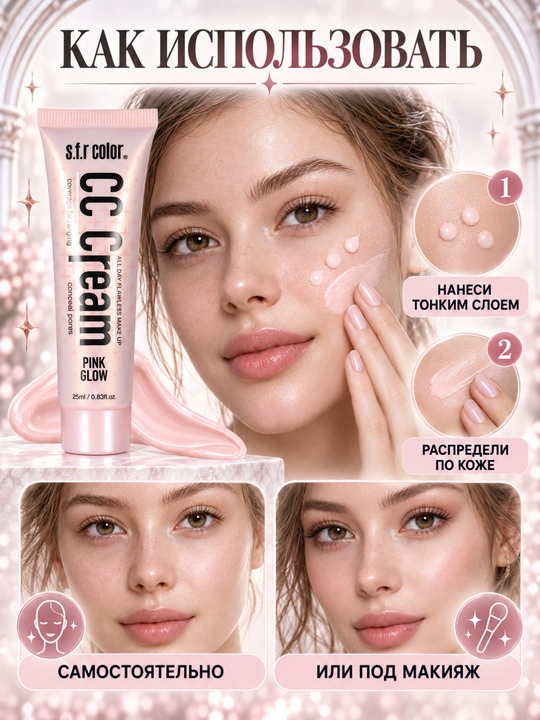 Yuz uchun CC krem SFR Color, rang tuzatuvchi makiyaj bazasi, 25 ml