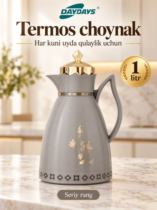 Termos choynak DAYDAYS BK-W100G-1, oq rang, 1 litr, 24×14 sm  