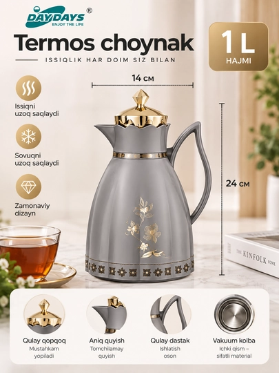 Termos choynak DAYDAYS BK-W100G-1, oq rang, 1 litr, 24×14 sm  
