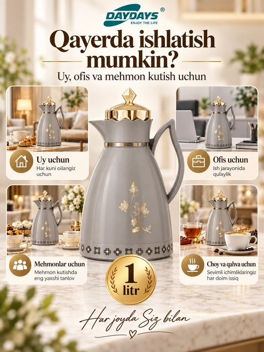 Termos choynak DAYDAYS BK-W100G-1, oq rang, 1 litr, 24×14 sm  