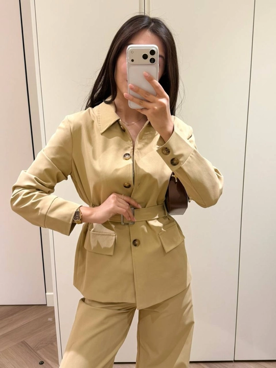 Ayollar kostyumi dvoyka, belbog‘li trench jaket va shim, ikki qismli ayollar komplekti - 