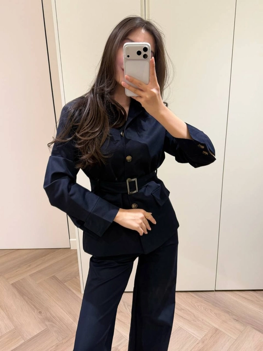 Ayollar kostyumi dvoyka, belbog‘li trench jaket va shim, ikki qismli ayollar komplekti