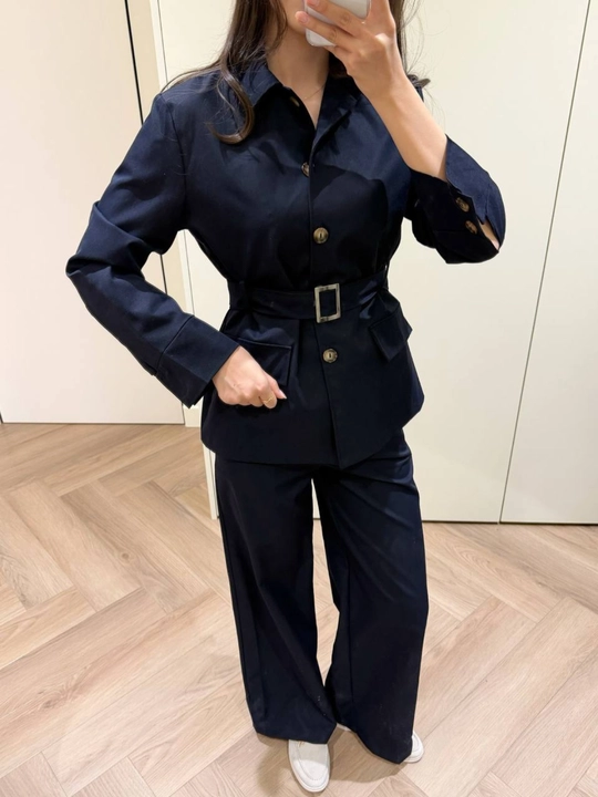 Ayollar kostyumi dvoyka, belbog‘li trench jaket va shim, ikki qismli ayollar komplekti