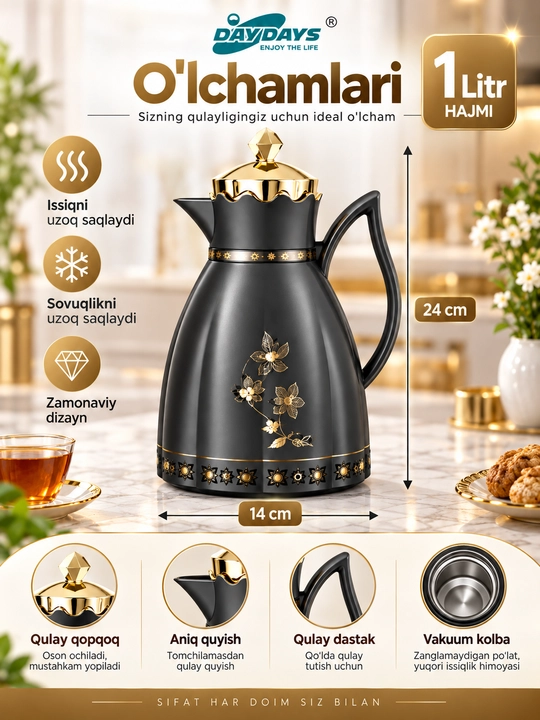 Termos choynak DAYDAYS BK-W100G-1, oq rang, 1 litr, 24×14 sm  