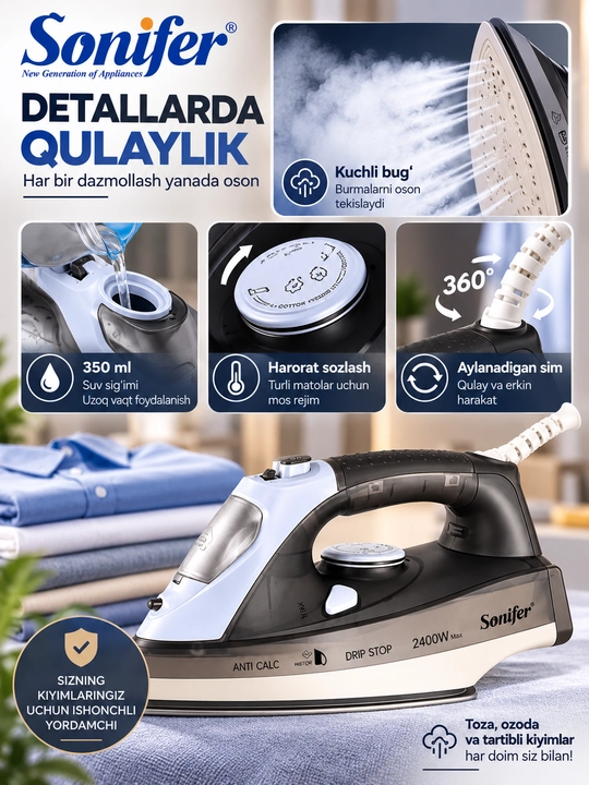 Sonifer SF-9016 bug‘ dazmoli 2400 Vt 350 ml keramik tagcharmli kiyimlarni dazmollash uchun
