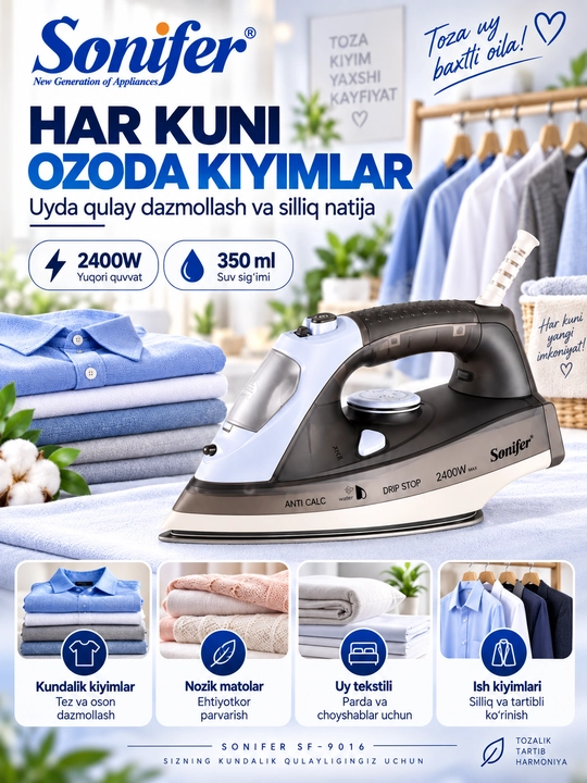 Sonifer SF-9016 bug‘ dazmoli 2400 Vt 350 ml keramik tagcharmli kiyimlarni dazmollash uchun