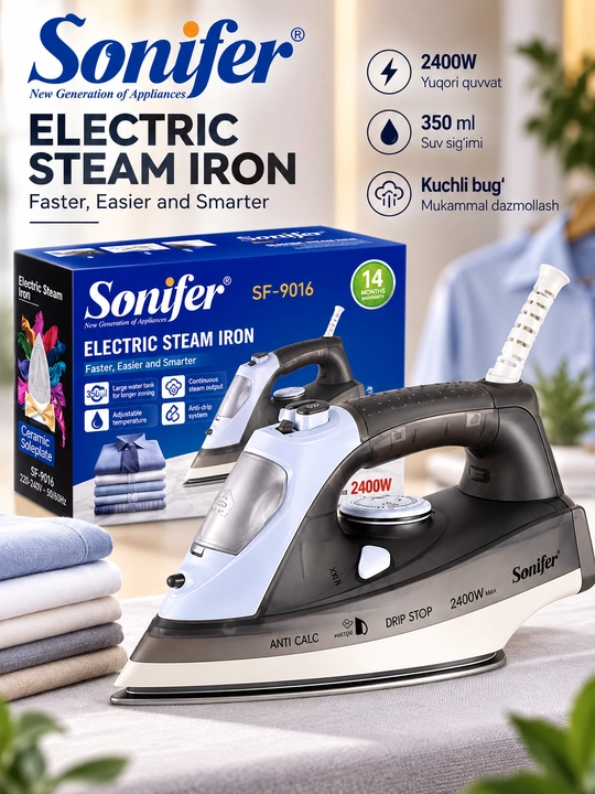 Sonifer SF-9016 bug‘ dazmoli 2400 Vt 350 ml keramik tagcharmli kiyimlarni dazmollash uchun - 