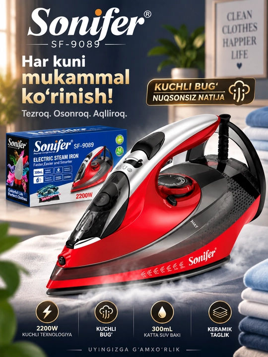 Sonifer SF-9089 bug‘ dazmoli, 2200 Vt, 300 ml sig‘imli, kiyimlarni dazmollash uchun - 