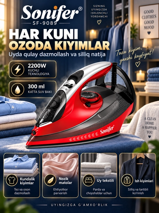 Sonifer SF-9089 bug‘ dazmoli, 2200 Vt, 300 ml sig‘imli, kiyimlarni dazmollash uchun