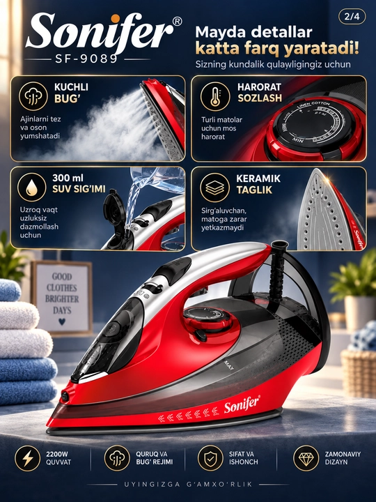 Sonifer SF-9089 bug‘ dazmoli, 2200 Vt, 300 ml sig‘imli, kiyimlarni dazmollash uchun