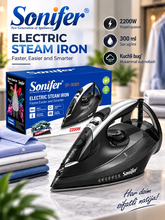 Sonifer SF-9089 bug‘ dazmoli, 2200 Vt, 300 ml sig‘imli, kiyimlarni dazmollash uchun - 