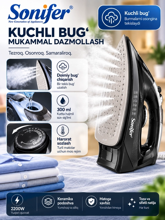 Sonifer SF-9089 bug‘ dazmoli, 2200 Vt, 300 ml sig‘imli, kiyimlarni dazmollash uchun