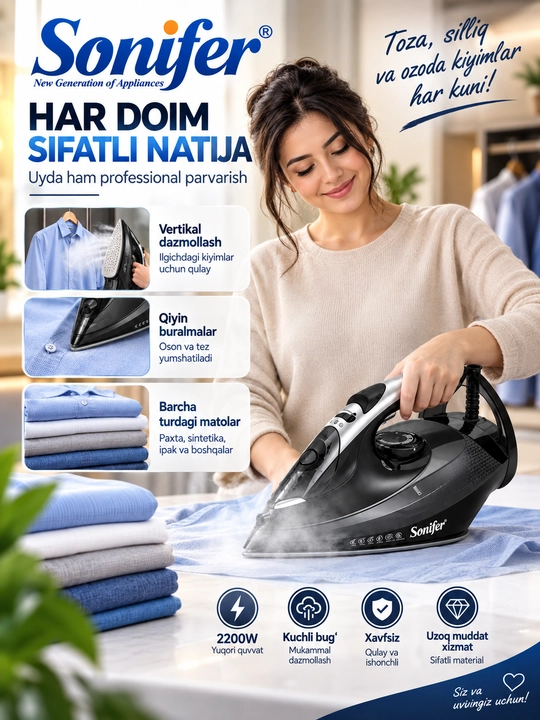 Sonifer SF-9089 bug‘ dazmoli, 2200 Vt, 300 ml sig‘imli, kiyimlarni dazmollash uchun