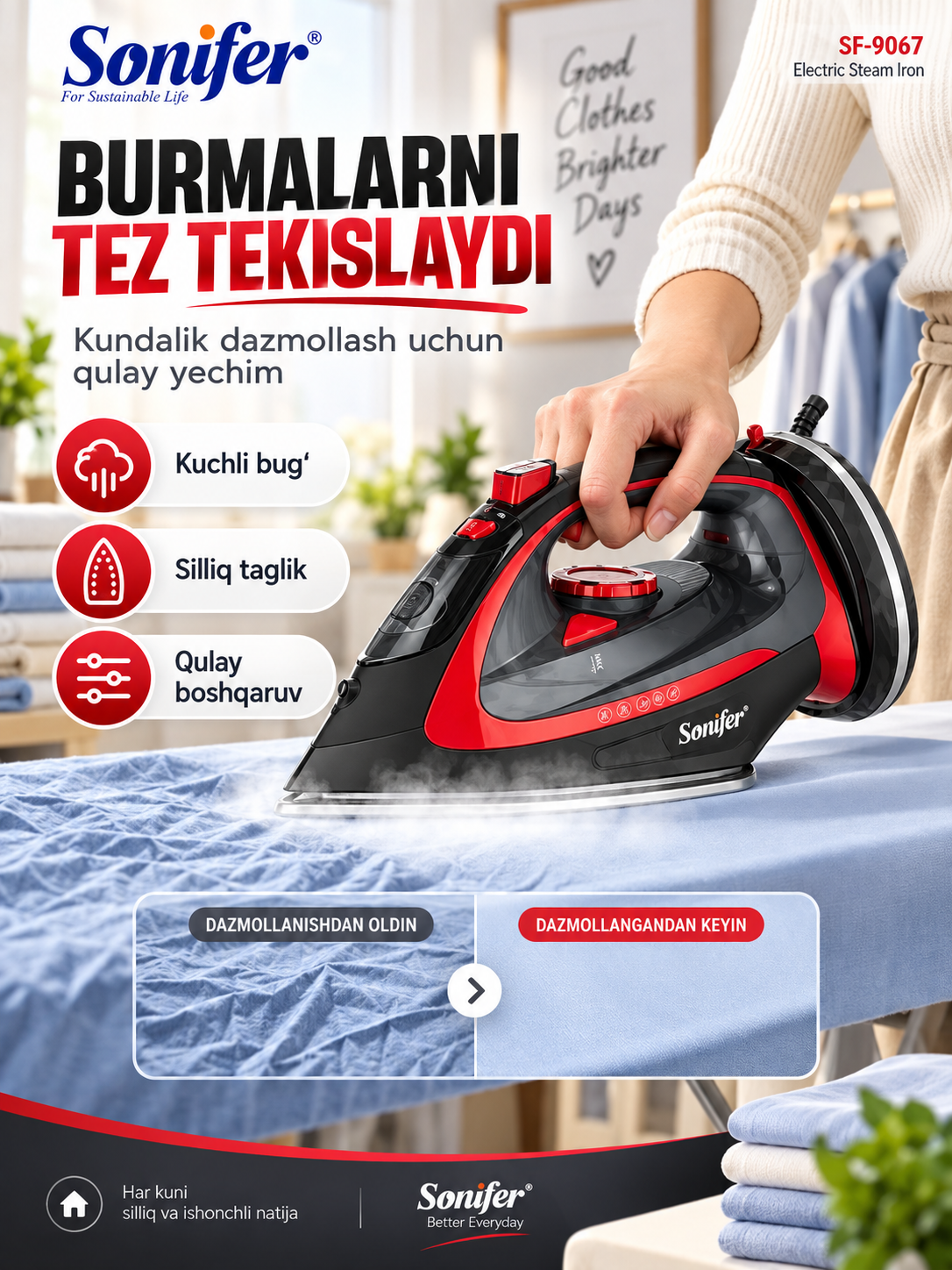 Parli dazmol Sonifer SF-9067, 2200 W, kiyim uchun bug‘li elektr dazmol, 400 ml