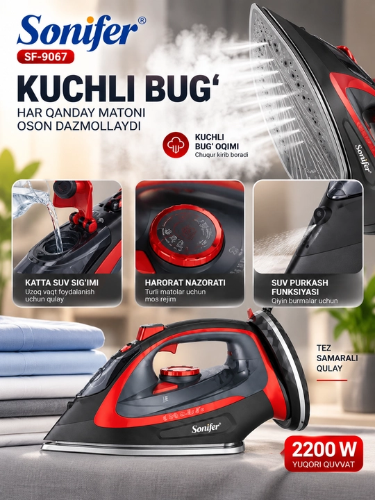 Parli dazmol Sonifer SF-9067, 2200 W, kiyim uchun bug‘li elektr dazmol, 400 ml