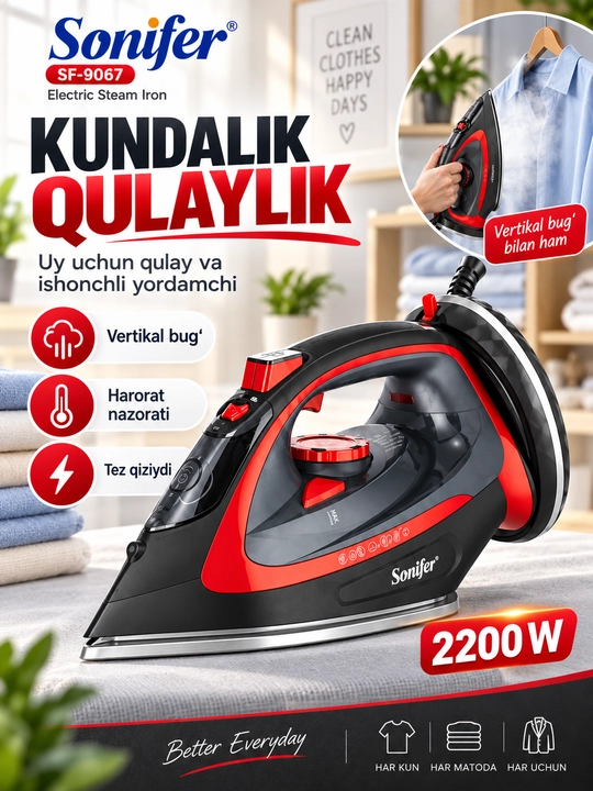 Parli dazmol Sonifer SF-9067, 2200 W, kiyim uchun bug‘li elektr dazmol, 400 ml