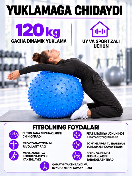 Fitbol fitnes to‘pi, fitbol, fitnes va sport uchun gimnastika to‘pi, massaj to‘pi