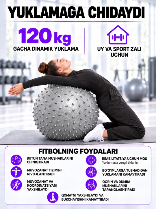 Fitbol fitnes to‘pi, fitbol, fitnes va sport uchun gimnastika to‘pi, massaj to‘pi