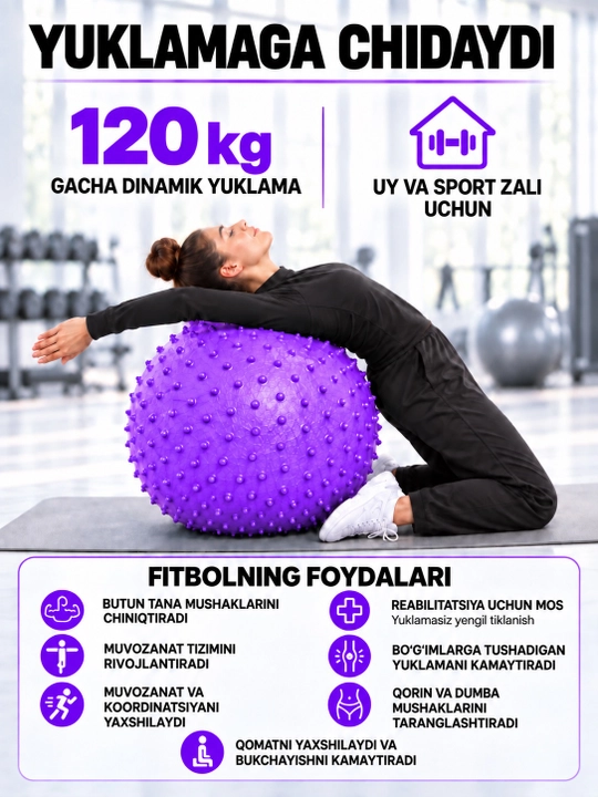 Fitbol fitnes to‘pi, fitbol, fitnes va sport uchun gimnastika to‘pi, massaj to‘pi