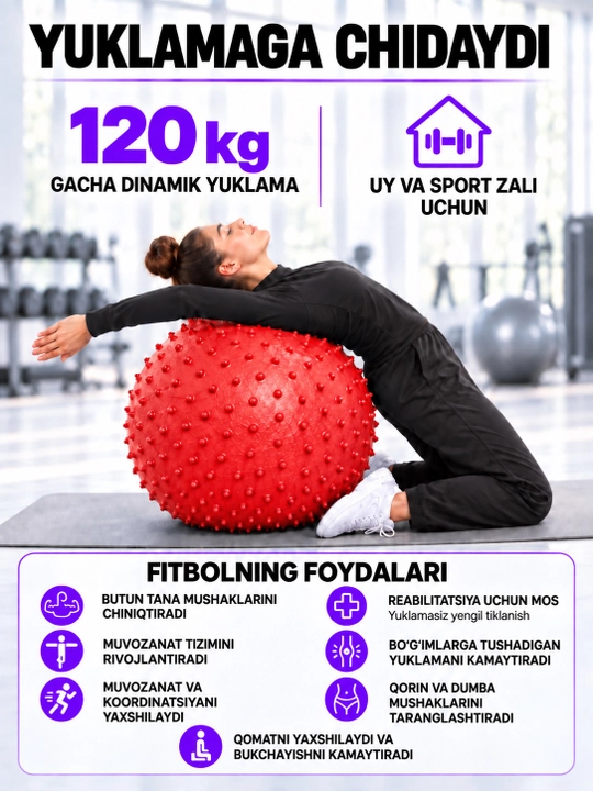 Fitbol fitnes to‘pi, fitbol, fitnes va sport uchun gimnastika to‘pi, massaj to‘pi