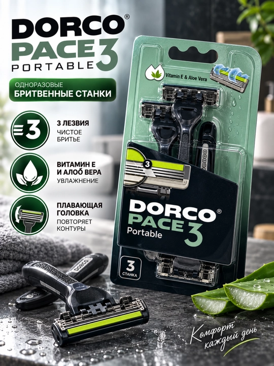 DORCO Pace 3 Portable — 3 ta pichoqli bir martalik ustara dastgohlari to‘plami