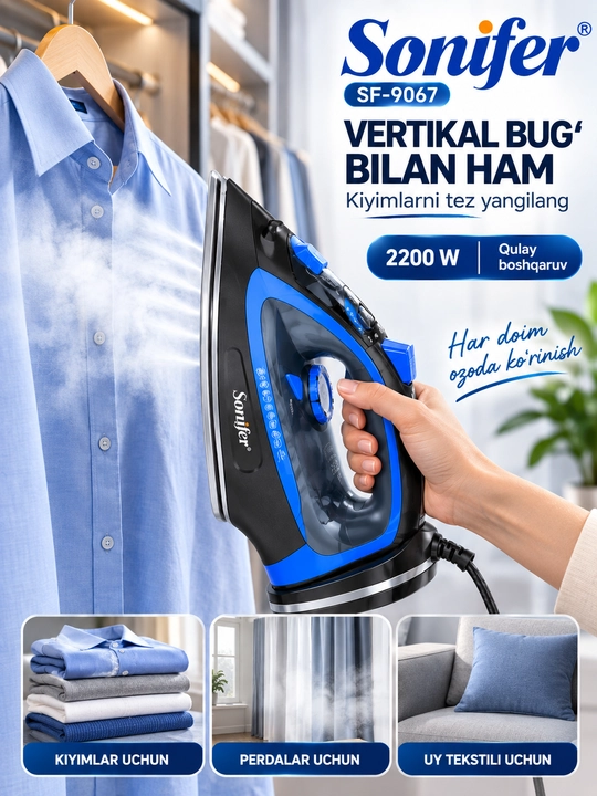 Parli dazmol Sonifer SF-9067, 2200 W, kiyim uchun bug‘li elektr dazmol, 400 ml
