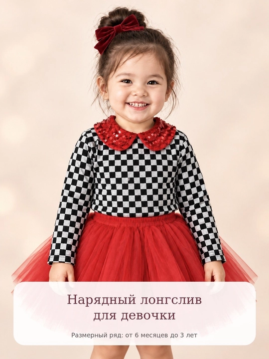 Qizlar uchun qizil yoqali katakli longsliv-kofta, 6 oydan 3 yoshgacha