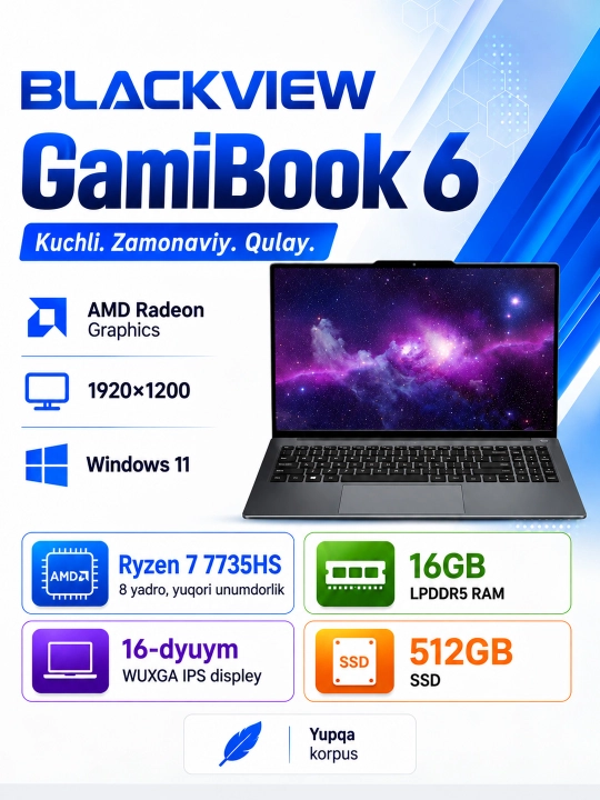 Noutbuk Blackview GamiBook 6, Ryzen 7 7735HS, 16GB LPDDR5, 512GB SSD, 16″ WUXGA, FHD IPS - 