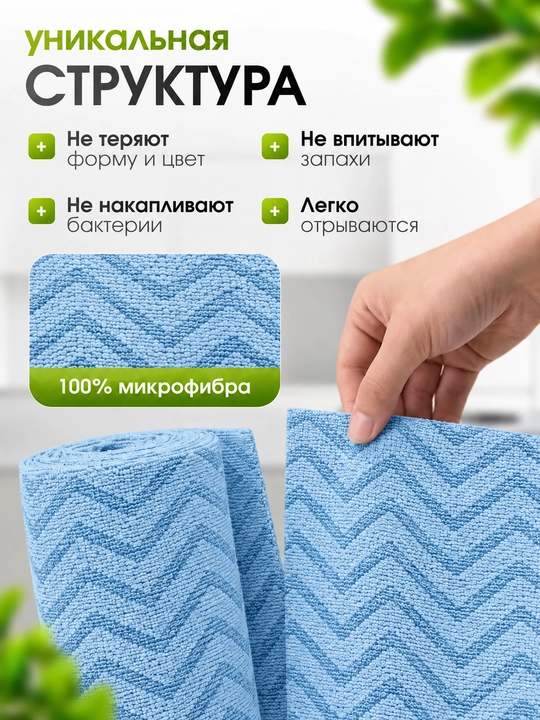 Салфетки из микрофибры в рулоне 20 шт безворсовые, многоразовые тряпки для дома и кухни
