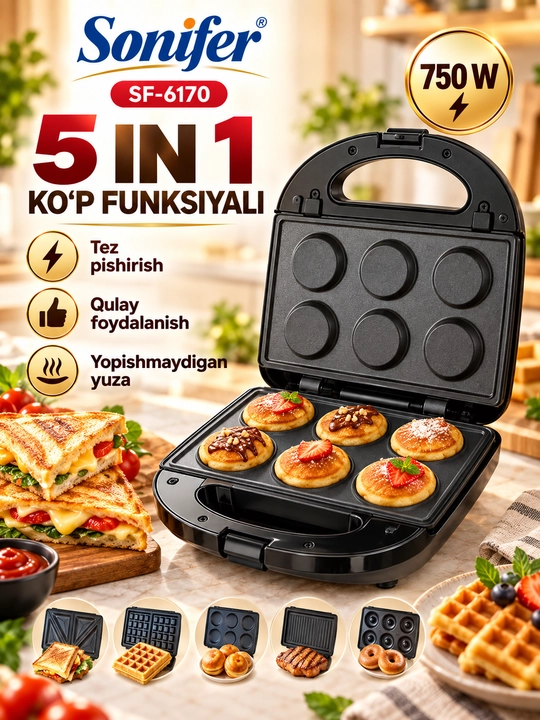 Vafli pishirgich Sonifer SF-6170 5 in 1, toster-sendvichnitsa, 750 W