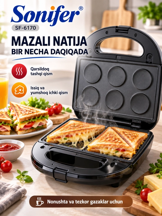 Vafli pishirgich Sonifer SF-6170 5 in 1, toster-sendvichnitsa, 750 W