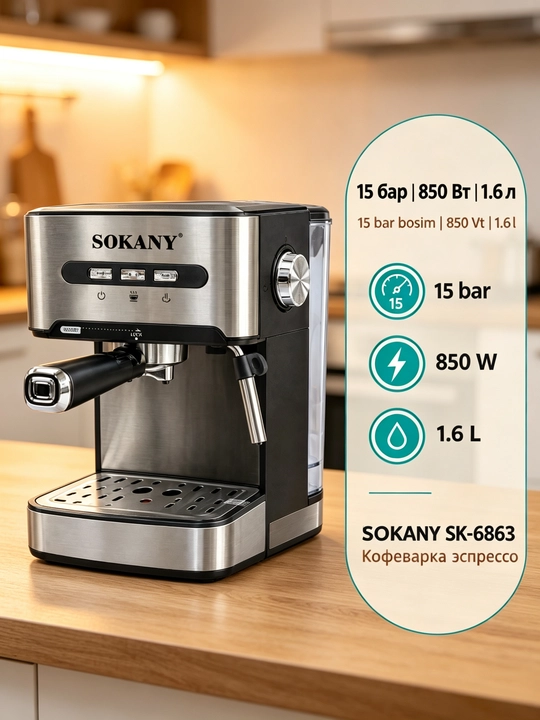 SOKANY SK-6863 yarim-avtomatik espresso kofe mashinasi, 1,6L, 850Vt