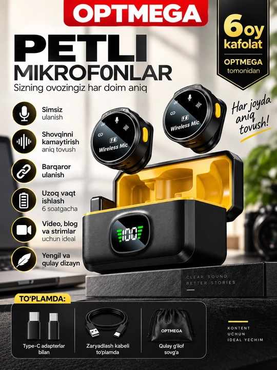 Blogerlar, YouTube va strimlar uchun simsiz petlitsali mikrofon, Android petlitsa, Iphone - 