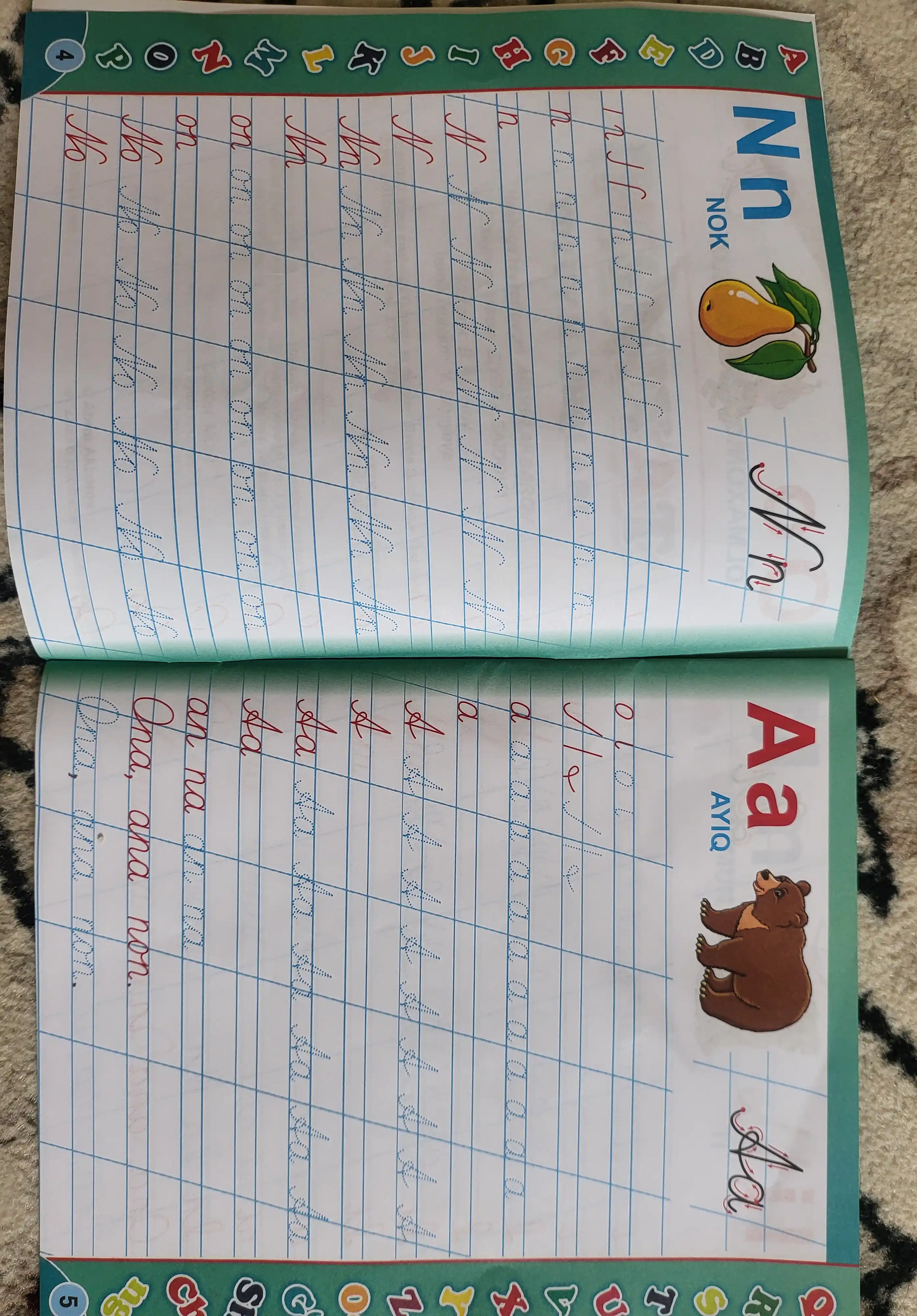 Husnixat A5. O‘qishni va yozishni o‘rganamiz — harf bilan boshlangan yozuv daftari