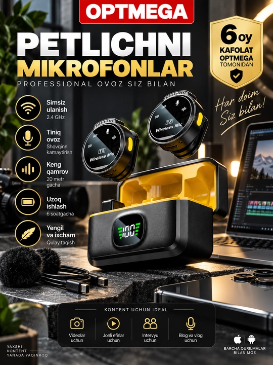 Blogerlar, YouTube va strimlar uchun simsiz petlitsali mikrofon, Android petlitsa, Iphone - 