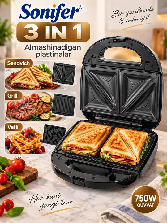 Vafli pishirgich Sonifer SF-6153 3 in 1, toster-sendvichnitsa, 750 W - 