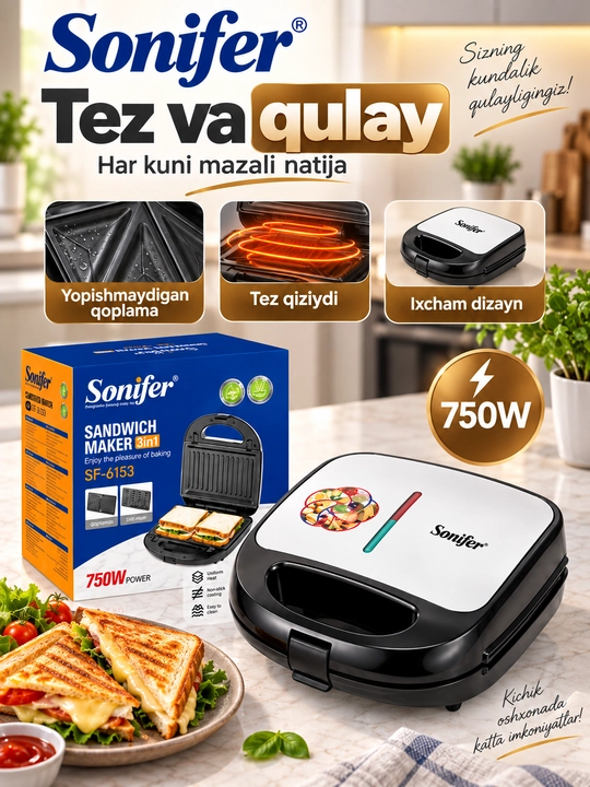Vafli pishirgich Sonifer SF-6153 3 in 1, toster-sendvichnitsa, 750 W