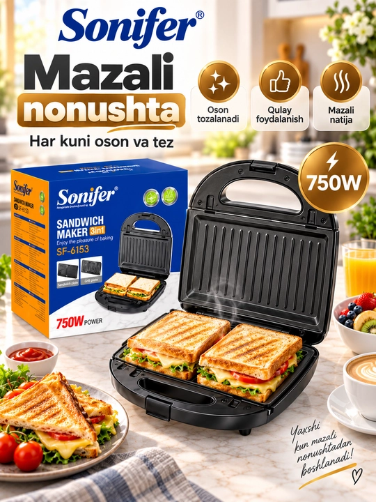 Vafli pishirgich Sonifer SF-6153 3 in 1, toster-sendvichnitsa, 750 W