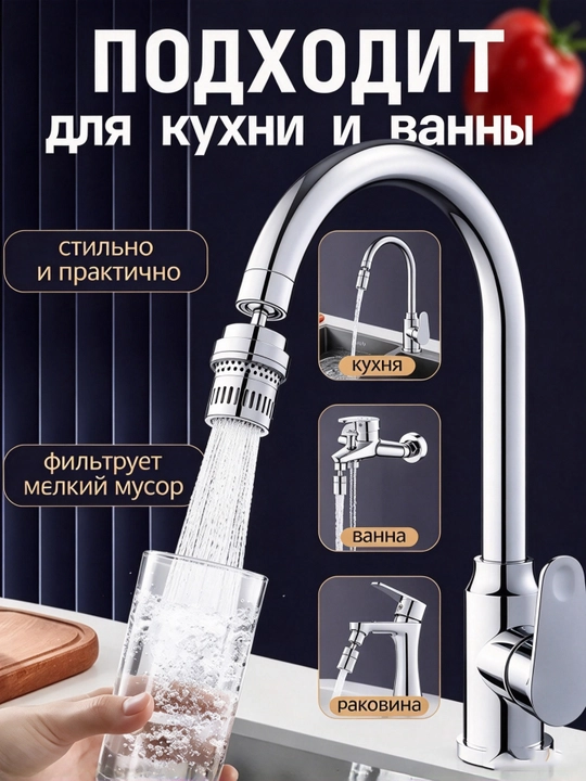 Поворотный удлинитель-насадка для кухонного крана, аэратор с фильтром, 2 режима воды