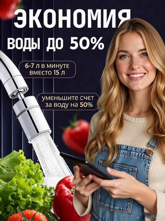 Поворотный удлинитель-насадка для кухонного крана, аэратор с фильтром, 2 режима воды