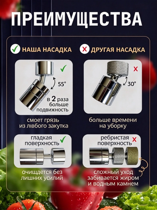 Поворотный удлинитель-насадка для кухонного крана, аэратор с фильтром, 2 режима воды