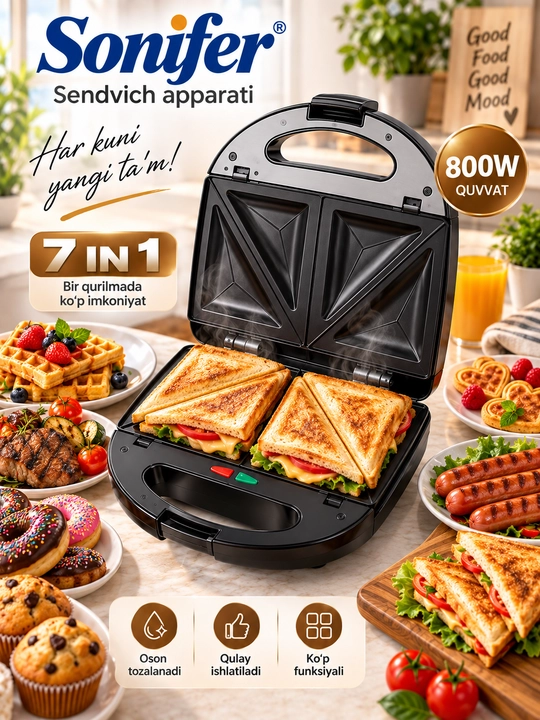 Vafli pishirgich Sonifer SF-6054, toster va sendvichnitsa 7 tasi 1 da, 800 W